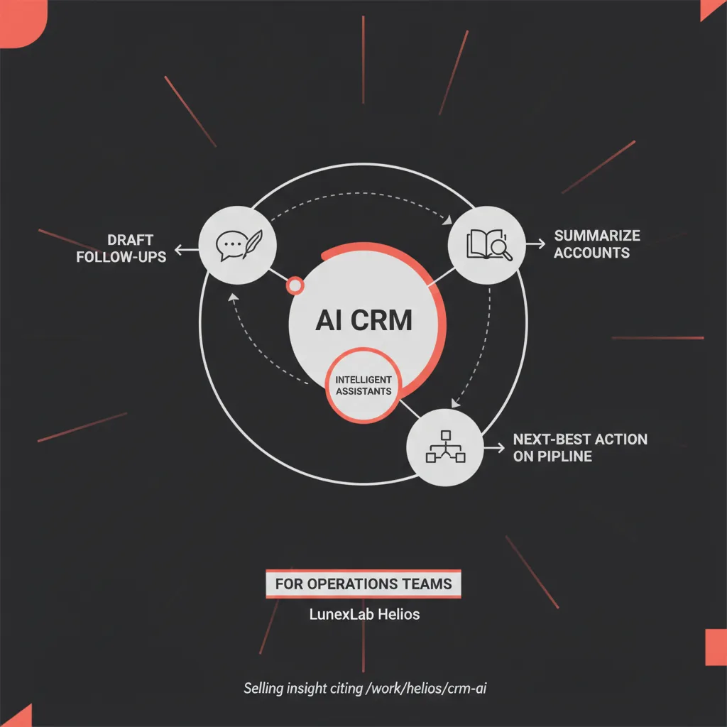 Simple clean infographic-style diagram illustrating: AI CRM with intelligent assistants. Context: AI CRM with intelligen
