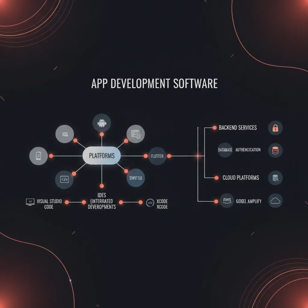 Simple clean infographic-style diagram illustrating: app development software. Context: App development software. Flat m