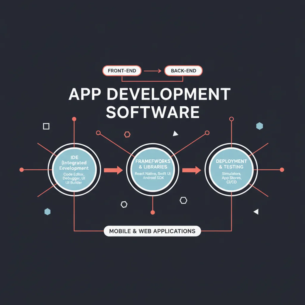 Simple clean infographic-style diagram illustrating: app development software. Context: App development software. Flat m