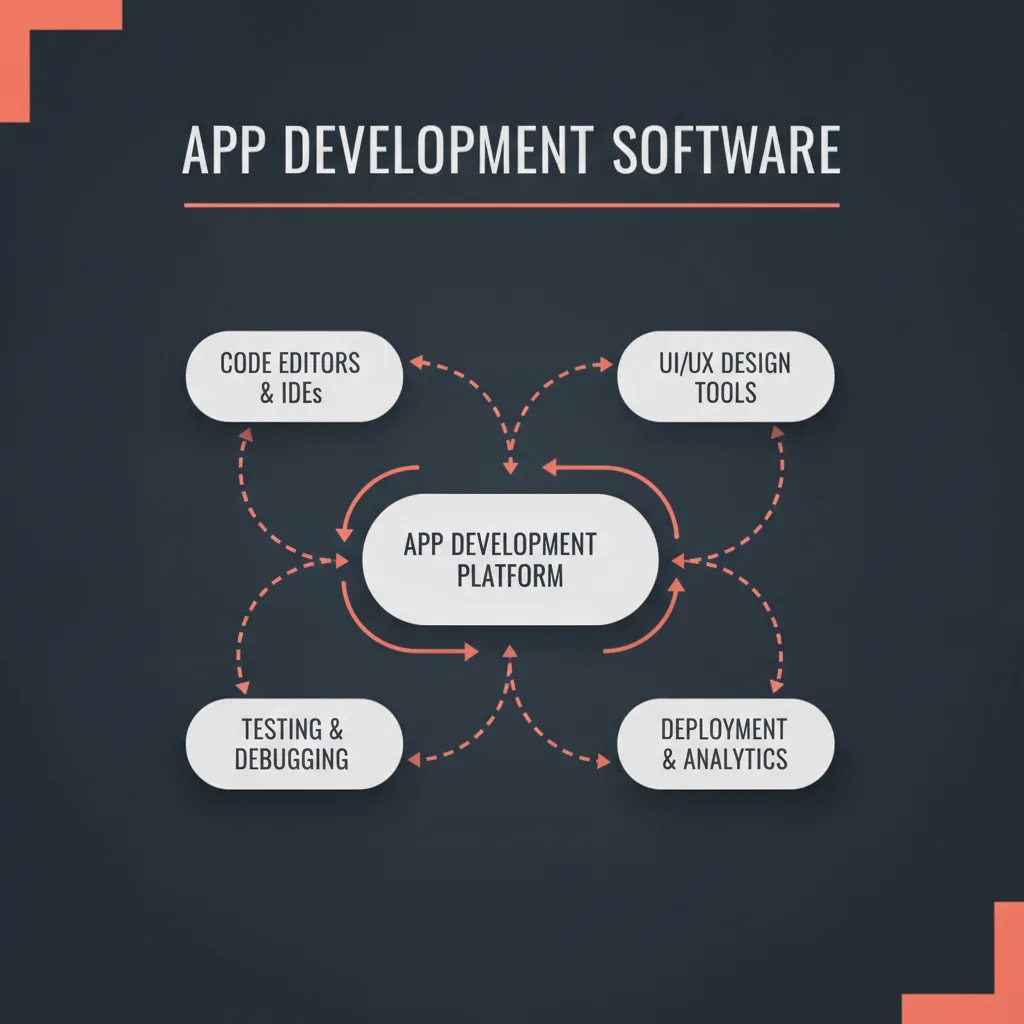 Simple clean infographic-style diagram illustrating: app development software. Context: App development software. Flat m