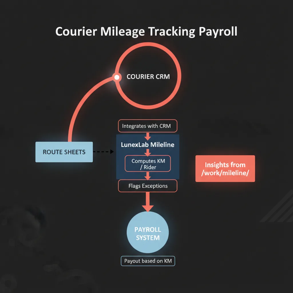 Simple clean infographic-style diagram illustrating: courier mileage tracking payroll. Context: courier mileage tracking