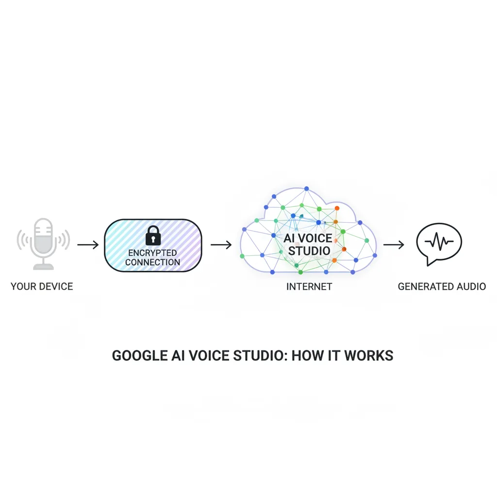 Simple clean infographic-style diagram illustrating: Google AI Voice Studio. Context: Google AI voice Studio. Flat moder
