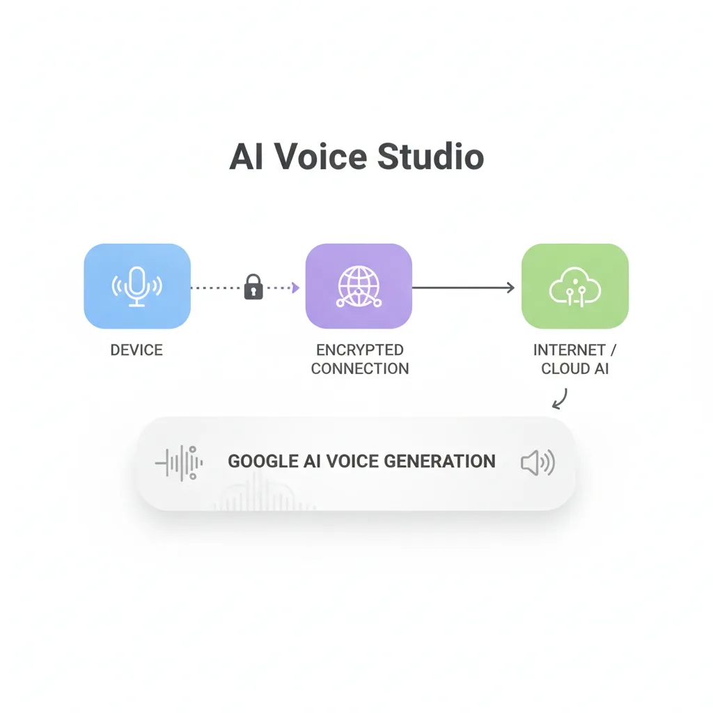 Simple clean infographic-style diagram illustrating: Google AI Voice Studio. Context: Google AI voice Studio. Flat moder