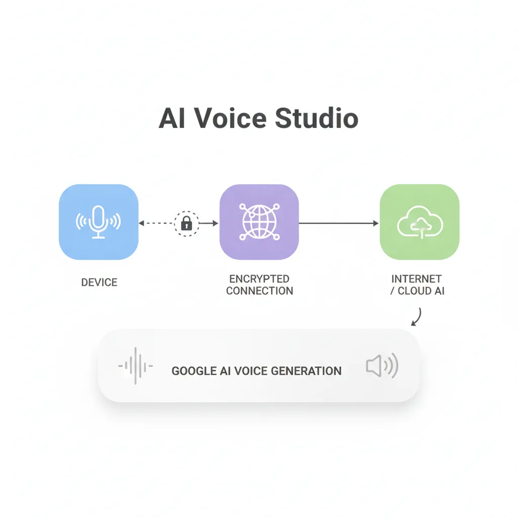 Simple clean infographic-style diagram illustrating: Google AI Voice Studio. Context: Google AI voice Studio. Flat moder