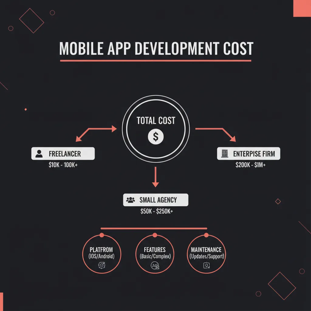 Simple clean infographic-style diagram illustrating: how much does it cost to pay someone to build a mobile app. Context
