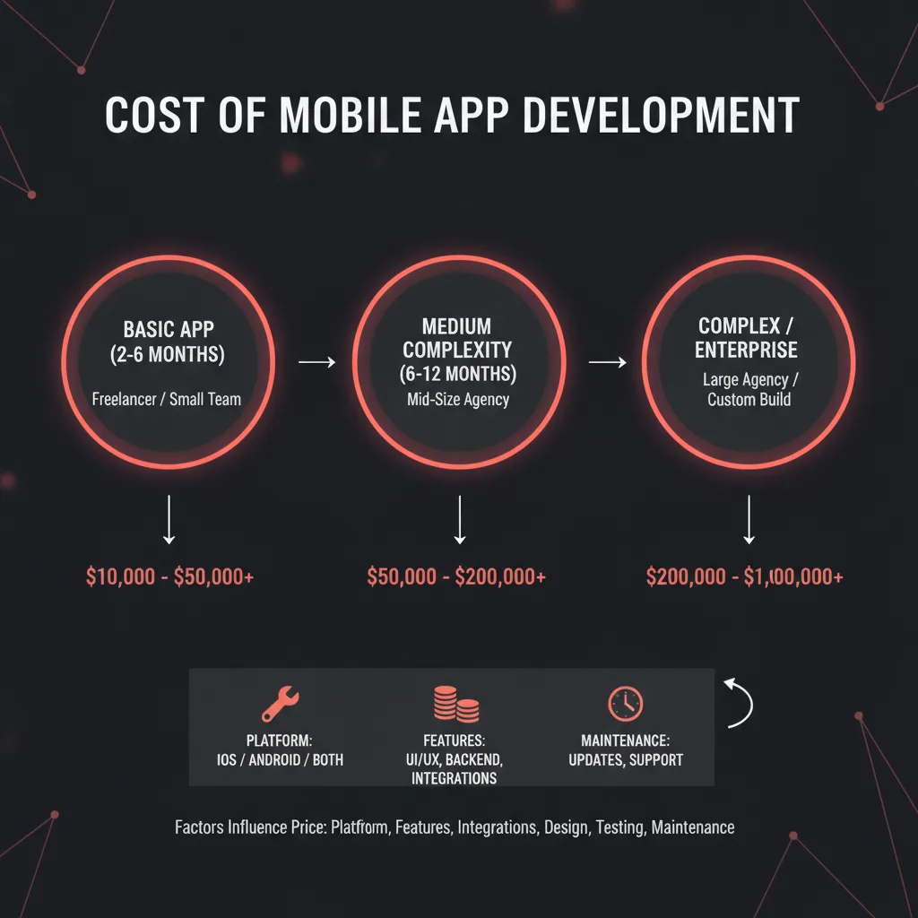 Simple clean infographic-style diagram illustrating: how much does it cost to pay someone to build a mobile app. Context