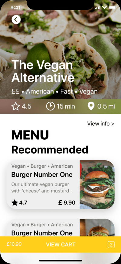 Restaurant app menu screen