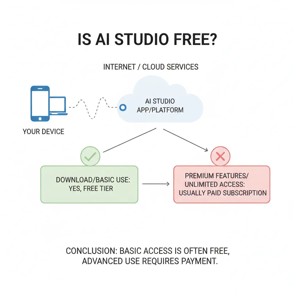 Simple clean infographic-style diagram illustrating: is AI Studio free. Context: Is the AI Studio app free?. Flat modern