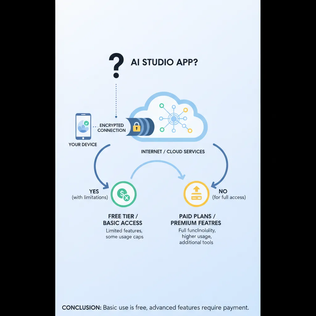 Simple clean infographic-style diagram illustrating: is AI Studio free. Context: Is the AI Studio app free?. Flat modern