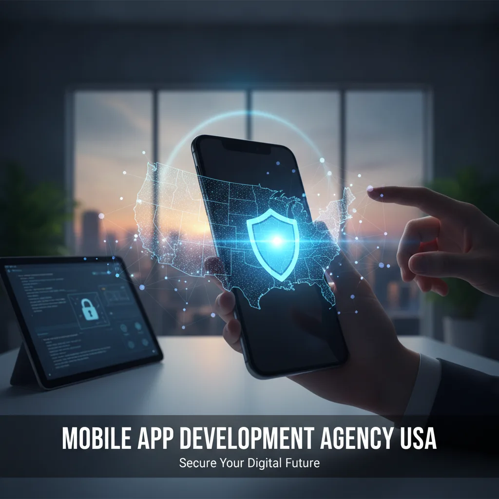 Editorial blog hero image for a VPN product article about: mobile app development agency USA. Topic context: Mobile app 