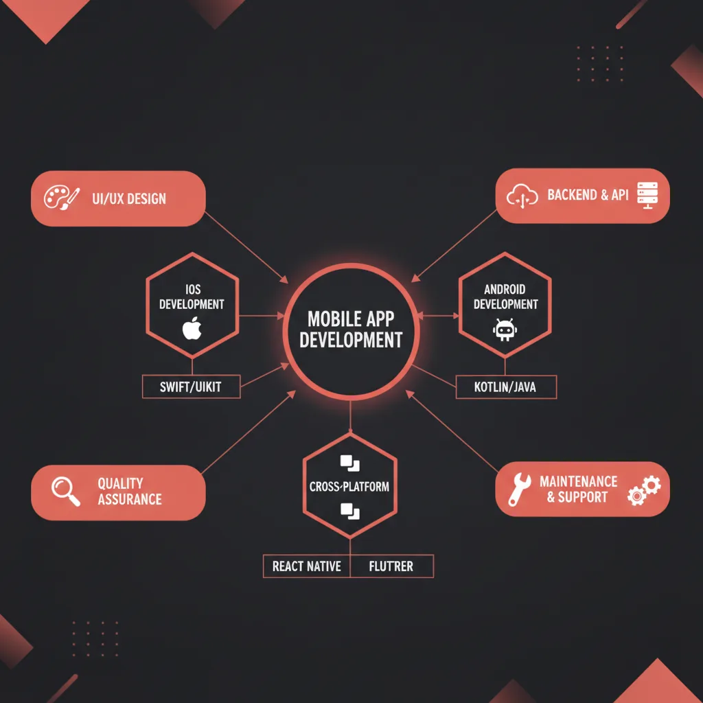 Simple clean infographic-style diagram illustrating: mobile app development services. Context: Mobile app development se