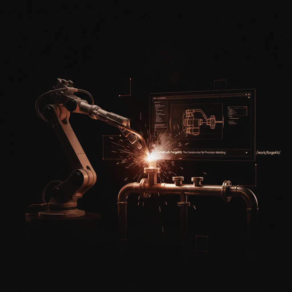 Editorial blog hero for a product-development studio article about: robotic welding software. Topic context: robotic wel
