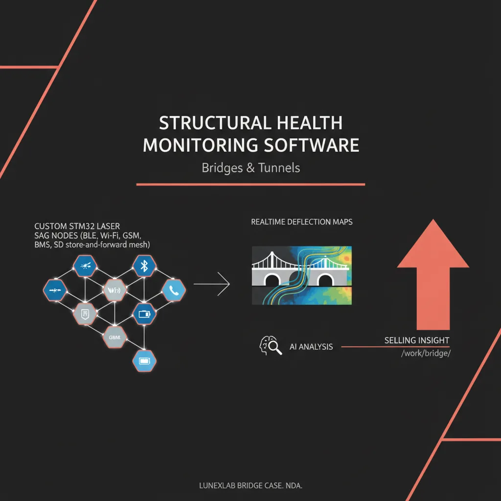 Simple clean infographic-style diagram illustrating: structural health monitoring software. Context: structural health m