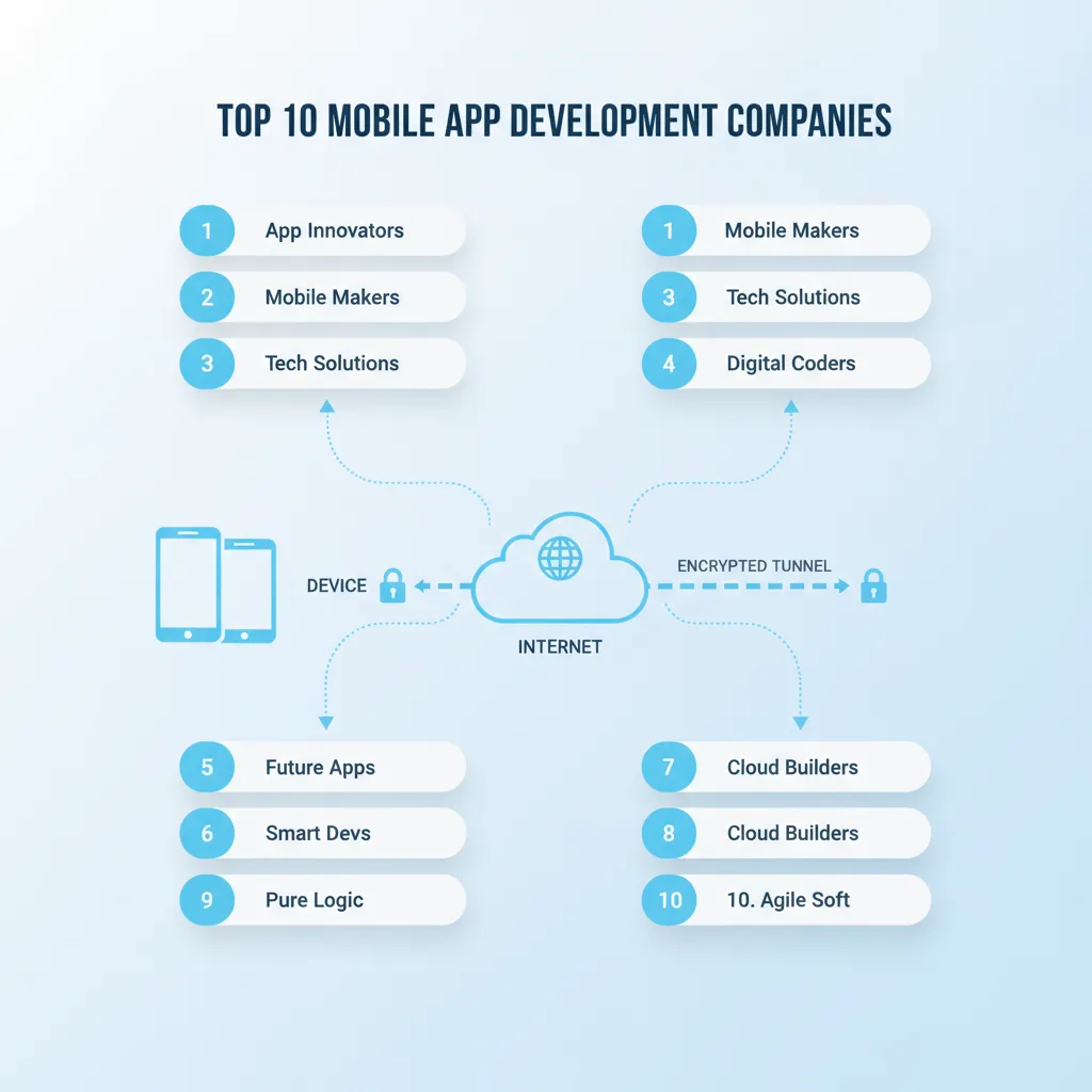Simple clean infographic-style diagram illustrating: top 10 mobile app development companies. Context: Top 10 mobile app