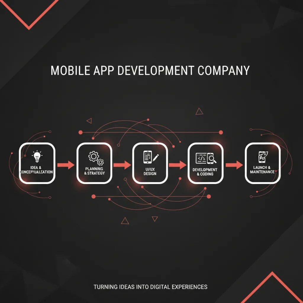 Simple clean infographic-style diagram illustrating: what does a mobile app development company do. Context: What does a