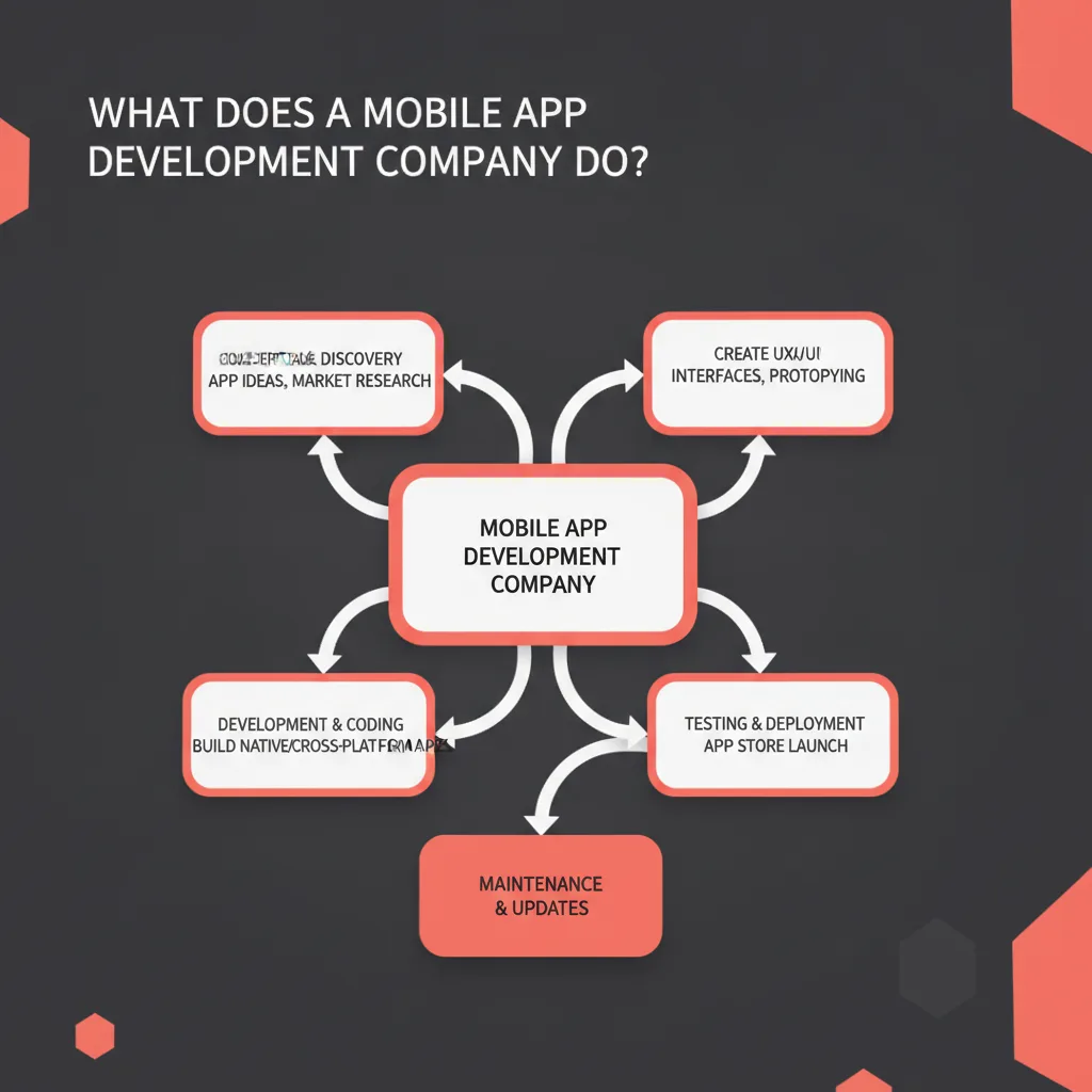 Simple clean infographic-style diagram illustrating: what does a mobile app development company do. Context: What does a
