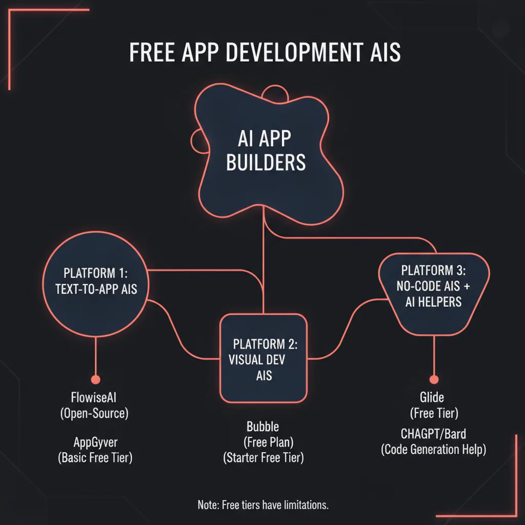 Simple clean infographic-style diagram illustrating: which AI can build apps for free. Context: Which AI can build apps